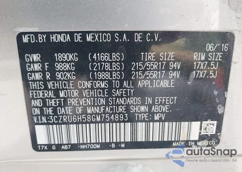 2016 Honda Hr-V Ex from USA, damaged, VIN 3CZRU6H58GM754893